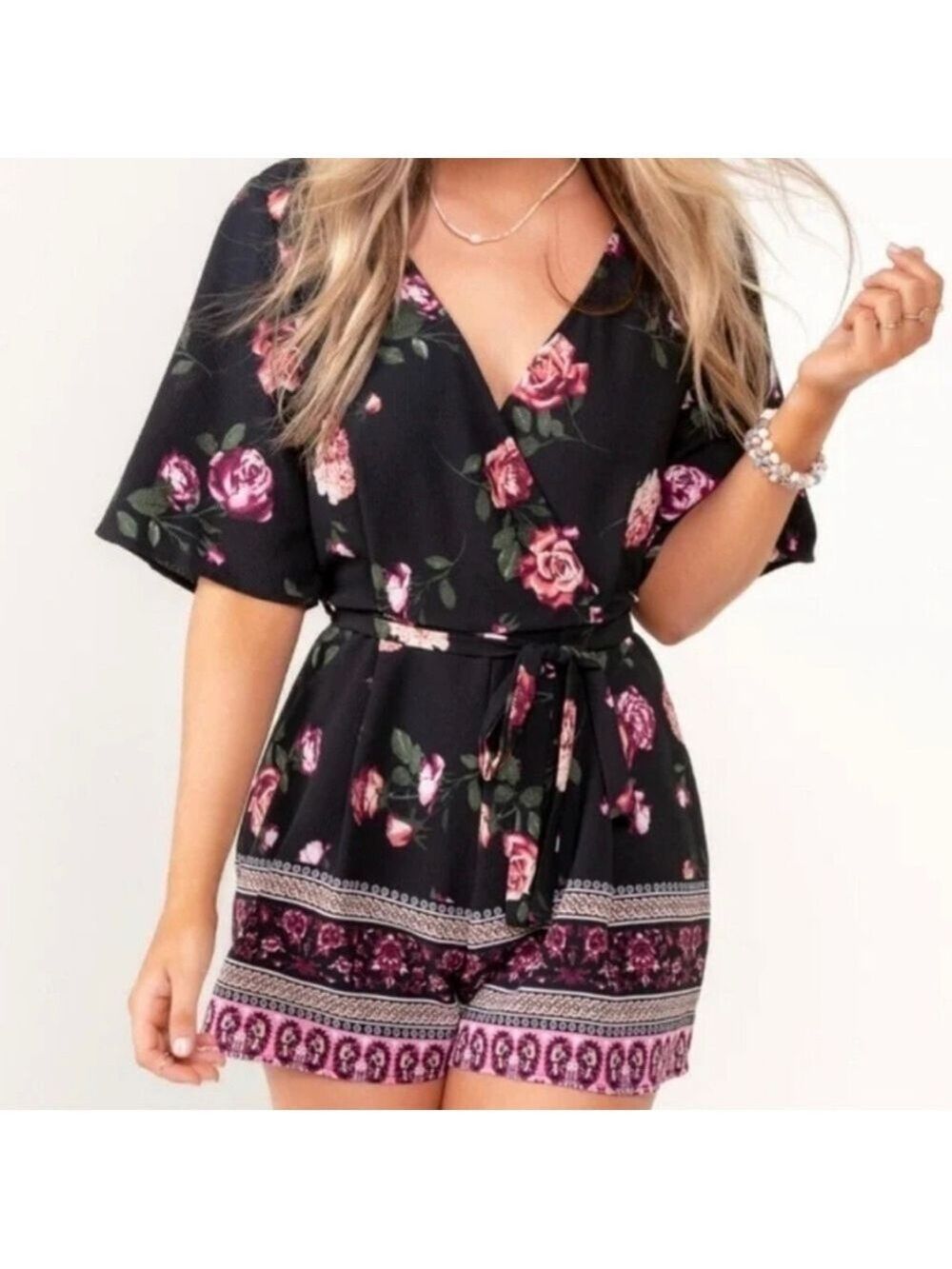 Boutique bohemian boho Romper floral Rose’s black and pink